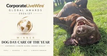 Corporate LiveWire Global Awards 2026/27 winner, Dog Day Care of the Year, next to a happy chocolate labrador rolling in the grass